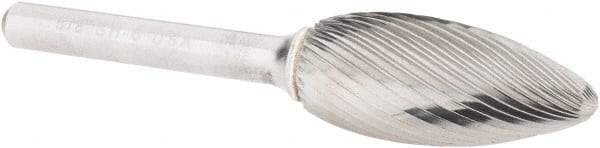 Atrax - 5/8" Cut Diam, 1/4" Shank Diam, Flame Head Single Cut Burr - Carbide, Radius End, 1-7/16" LOC, 3-3/16" OAL - Americas Industrial Supply