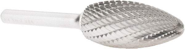 Atrax - 3/4" Cut Diam, 1/4" Shank Diam, Flame Head Double Cut Burr - Carbide, Radius End, 1-5/8" LOC, 3-3/8" OAL - Americas Industrial Supply