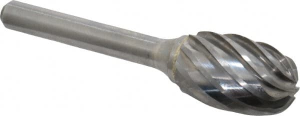 Atrax - 5/8" Cut Diam, 1/4" Shank Diam, Oval Head Fluted Cut Burr - Radius End, 1" LOC, 2-3/4" OAL - Americas Industrial Supply
