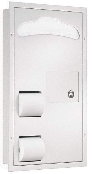 Bradley - Washroom Partition Stainless Steel Waste Receptacle/Toilet Seat Cover Dispenser - 17-1/8 Inch Long x 4-1/2 Inch Deep x 30-5/8 Inch High, Gray - Americas Industrial Supply