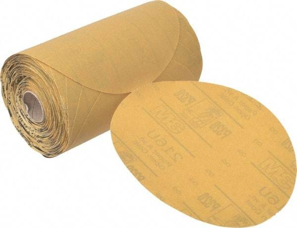 3M - 6" Diam, 320 Grit Aluminum Oxide Adhesive PSA Disc - Extra Fine Grade, Gold, A Weighted Backing, Flexible, Use with Random Orbital Sanders - Americas Industrial Supply