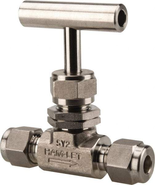 Ham-Let - 5,000 Max psi, 1/4" Pipe, 316 Grade Stainless Steel, Inline Stem Regulating Instrumentation Needle Valve - Compression x Compression End Connections, Swaglok SS-1RS4-SH - Americas Industrial Supply