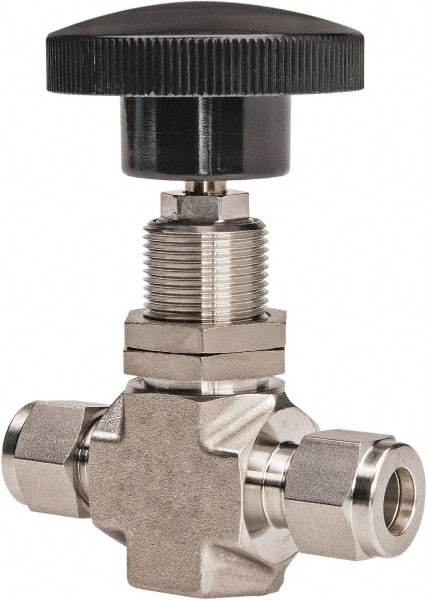 Ham-Let - 5,000 Max psi, 3/8" Pipe, 316 Grade Stainless Steel, Inline Stem Regulating Instrumentation Needle Valve - Compression x Compression End Connections, Swaglok SS-1RS6-SH - Americas Industrial Supply