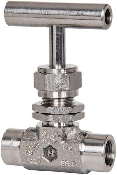 Ham-Let - 5,000 Max psi, 1/4" Pipe, 316 Grade Stainless Steel, Inline Stem Vee Instrumentation Needle Valve - FNPT x FNPT End Connections, Swaglok SS-1VF4-SH - Americas Industrial Supply