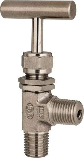 Ham-Let - 5,000 Max psi, 1/4" Pipe, 316 Grade Stainless Steel, Angled Instrumentation Needle Valve - MNPT x MNPT End Connections, Swaglok SS-1RM4-A - Americas Industrial Supply