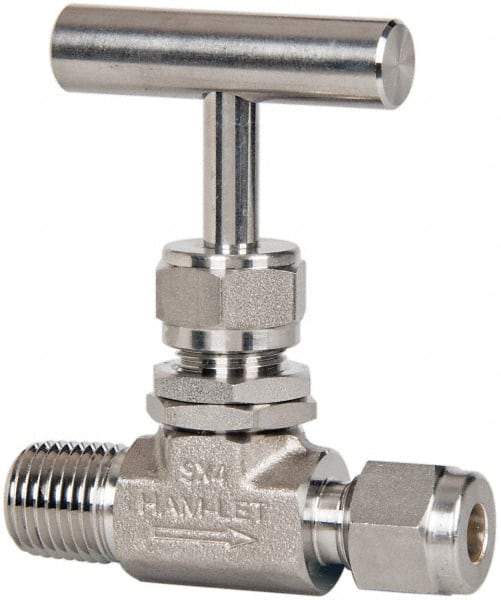 Ham-Let - 5,000 Max psi, 1/4 x 3/8" Pipe, 316 Grade Stainless Steel, Inline Stem Regulating Instrumentation Needle Valve - MNPT x Compression End Connections, Swaglok SS-1RM4-S6 - Americas Industrial Supply