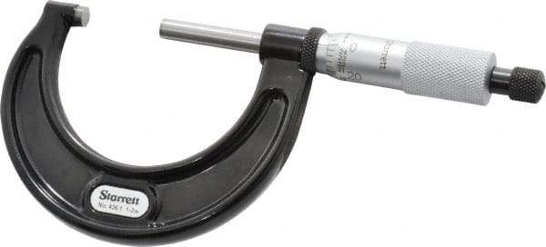 Starrett - 1 to 2" Range, 0.0001" Graduation, Mechanical Outside Micrometer - Ratchet Stop Thimble, Accurate to 0.00005" - Americas Industrial Supply