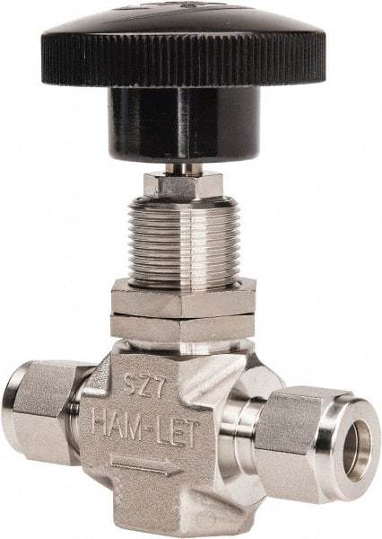 Ham-Let - 5,000 Max psi, 3/8" Pipe, 316 Grade Stainless Steel, Inline Stem Regulating Instrumentation Needle Valve - Compression x Compression End Connections, Swaglok SS-1RS6 - Americas Industrial Supply