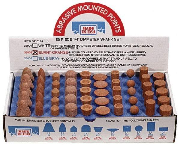 Made in USA - 50 Piece Aluminum Oxide Vitrified Mounted Stone Abrasive Point Set - Includes Shapes A4, A12, A14, A21, A32, A37, A39, A40, W206 & W218 - Americas Industrial Supply