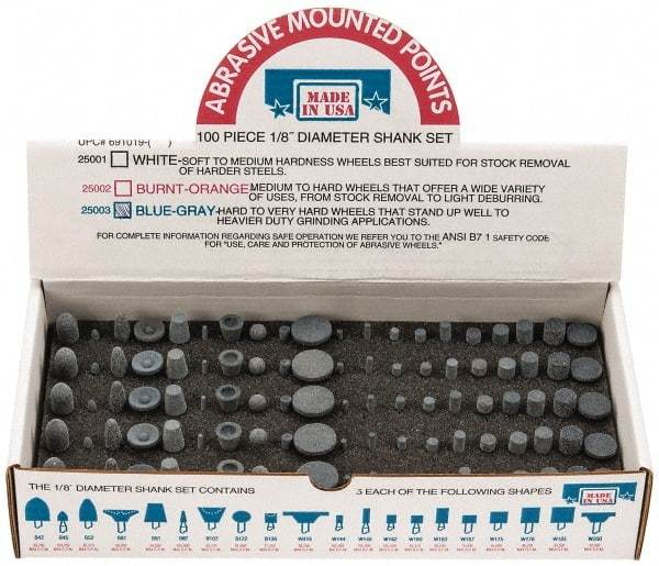 Made in USA - 100 Piece Aluminum Oxide Vitrified Mounted Stone Abrasive Point Set - Includes Shapes B42, B45, B52, B81, B91, B97, B102, B122, B136, W144, W146, W152, W160, W163, W167, W175, W176, W185, W200 & W215 - Americas Industrial Supply