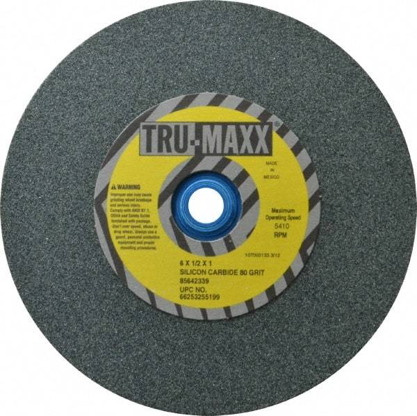 Tru-Maxx - 80 Grit Silicon Carbide Bench & Pedestal Grinding Wheel - 6" Diam x 1" Hole x 1/2" Thick, 5410 Max RPM, K Hardness, Medium Grade , Vitrified Bond - Americas Industrial Supply