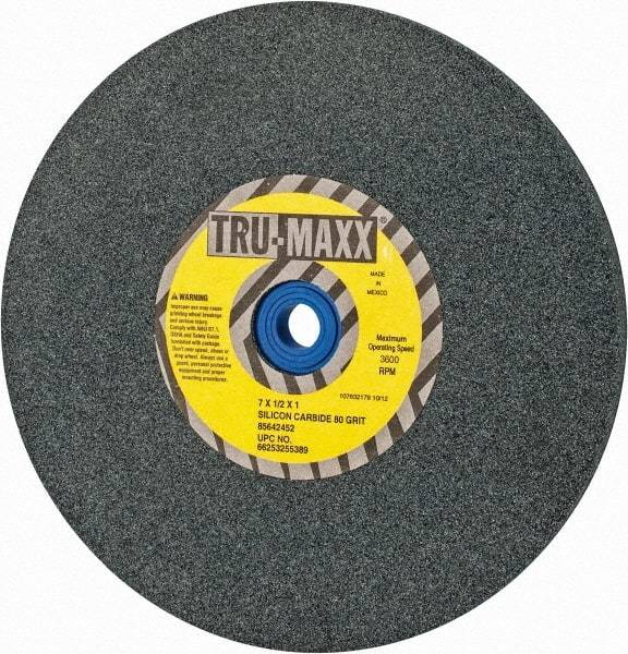 Tru-Maxx - 80 Grit Silicon Carbide Bench & Pedestal Grinding Wheel - 7" Diam x 1" Hole x 1/2" Thick, 3600 Max RPM, K Hardness, Medium Grade , Vitrified Bond - Americas Industrial Supply