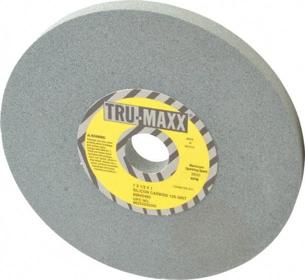 Tru-Maxx - 120 Grit Silicon Carbide Bench & Pedestal Grinding Wheel - 7" Diam x 1" Hole x 1/2" Thick, 3600 Max RPM, K Hardness, Fine Grade , Vitrified Bond - Americas Industrial Supply