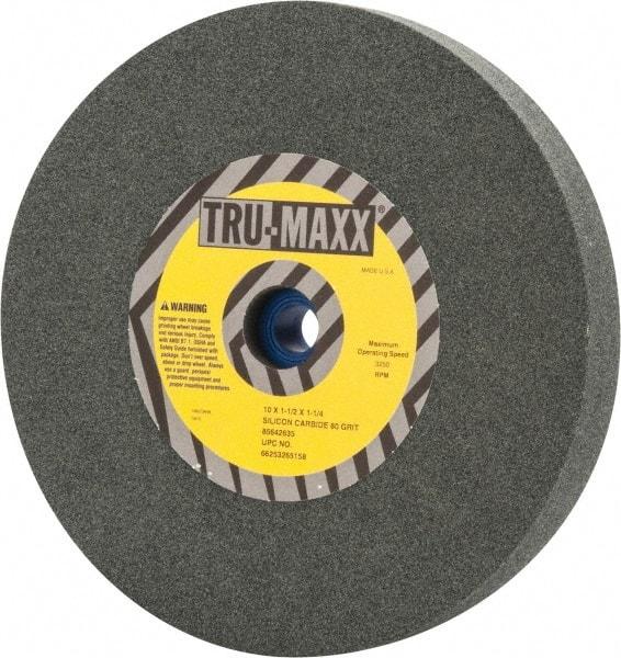 Tru-Maxx - 80 Grit Silicon Carbide Bench & Pedestal Grinding Wheel - 10" Diam x 1-1/4" Hole x 1-1/2" Thick, 3250 Max RPM, K Hardness, Medium Grade , Vitrified Bond - Americas Industrial Supply