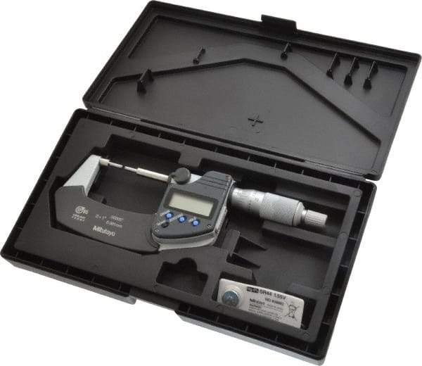 Mitutoyo - 1 Inch, 1.2598 Inch Throat Depth, Electronic Spline Micrometer - Accurate Up to 0.0001 Inch, 1/4 Inch Spindle Diameter, 0.18mm Head Diameter, Ratchet Stop Thimble, Data Output - Americas Industrial Supply