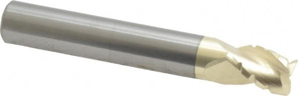 Accupro - 3/8" Diam, 1/2" LOC, 3 Flute Solid Carbide Roughing & Finishing Square End Mill - ZrN Finish, 2-1/2" OAL, 3/8" Shank Diam, Straight Shank, 37° Helix, Centercutting, Stub Length - Americas Industrial Supply