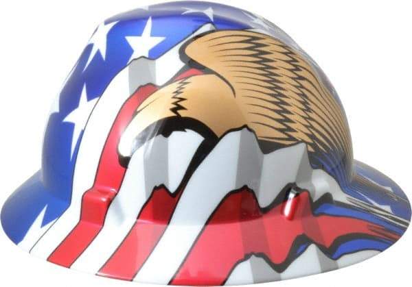 MSA - ANSI Type I, Class E Rated, 8-Point, Ratchet Adjustment Hard Hat - Size 6-1/2 to 8, Colored Graphics, Full Brim, American Flag with Eagles - Americas Industrial Supply