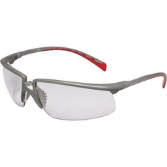 3M - Clear Lenses, Framed Safety Glasses - Anti-Fog, Scratch Resistant, Silver/Red Plastic Frame, Size Universal, Wrap Around - Americas Industrial Supply