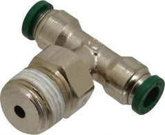 Parker - 1/4" Outside Diam, 3/8 NPTF, Nickel Plated Brass Push-to-Connect Tube Male Swivel Branch Tee - 300 Max psi, Tube to Male NPT Connection, Buna-N O-Ring - Americas Industrial Supply