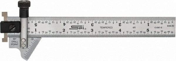SPI - 6 Inch Long x 3/4 Wide Blade, 118° Bevel Angle, Steel Ruler Drill Point Gage - 1/8 Inch Ruler Graduation, Removable Ruler Hook - Americas Industrial Supply