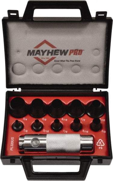 Mayhew - 11 Piece, 1/8 to 3/4", Hollow Punch Set - Round Shank, Alloy Steel, Comes in Plastic Case - Americas Industrial Supply