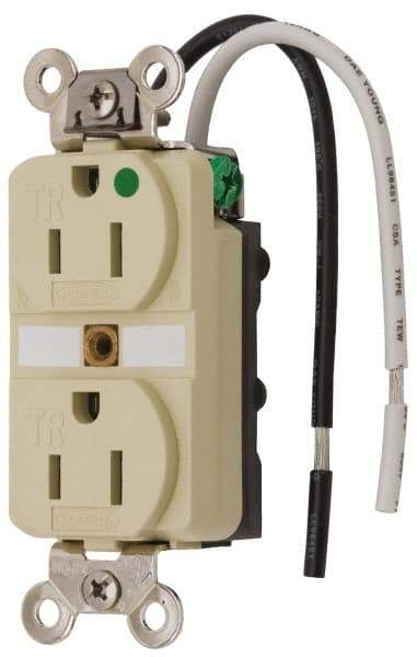 Hubbell Wiring Device-Kellems - 125 VAC, 15 Amp, 5-15R NEMA Configuration, Ivory, Hospital Grade, Self Grounding Duplex Receptacle - 1 Phase, 2 Poles, 3 Wire, Flush Mount, Chemical, Corrosion and Impact Resistant, Tamper Resistant - Americas Industrial Supply