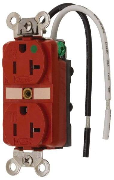 Hubbell Wiring Device-Kellems - 125 VAC, 20 Amp, 5-20R NEMA Configuration, Red, Hospital Grade, Self Grounding Duplex Receptacle - 1 Phase, 2 Poles, 3 Wire, Flush Mount, Chemical, Corrosion and Impact Resistant, Tamper Resistant - Americas Industrial Supply