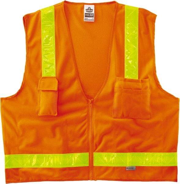 Ergodyne - Size S/M High Visibility Orange Mesh/Solid Surveyor's Vest - 36 to 44" Chest, ANSI/ISEA 107, Zipper Closure, 6 Pockets, Polyester - Americas Industrial Supply