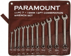 Paramount - 11 Piece, 7mm to 19mm, 12 Point Combination Wrench Set - Metric Measurement Standard, Full Polish Chrome Finish, Comes in Canvas Roll - Americas Industrial Supply