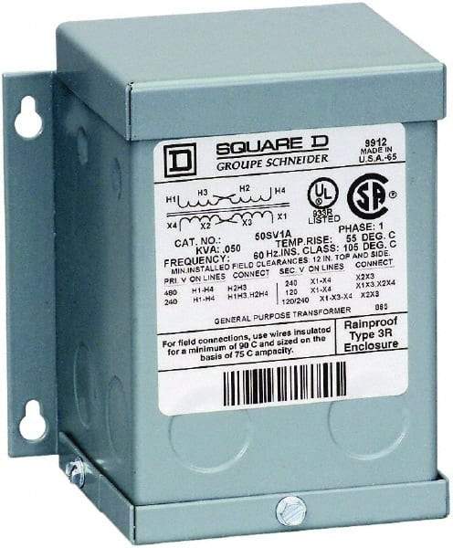 Square D - 1 Phase, 240 x 480 Volt Input, 120/240 Volt Output, 0.75 kVA, General Purpose Transformer - 3R NEMA Rating, 239°F Temp Rise, Indoor, Outdoor - Americas Industrial Supply