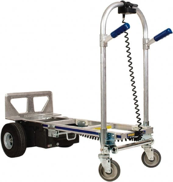 Wesco Industrial Products - 1,200 Lb Capacity 51-3/4" OAH Battery Powered Convertible Hand Truck - 18 x 7-1/2" Base Plate, Dual Grip/Loop Handle, Aluminum, Full Pneumatic Wheels - Americas Industrial Supply