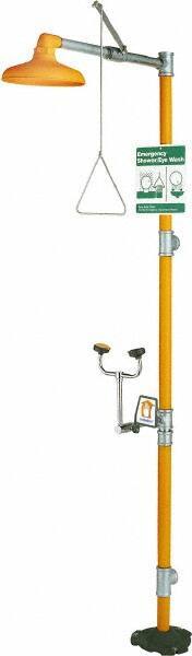 PRO-SAFE - 1-1/4" Inlet, 20 GPM shower Flow, Drench shower, Eye & Face Wash Station - No Bowl, Triangular Pull Rod & Push Flag Activated, Galvanized Steel Pipe, Plastic Shower Head, 3 GPM Bowl Flow, Corrosion Resistant, Top or Mid Supply - Americas Industrial Supply