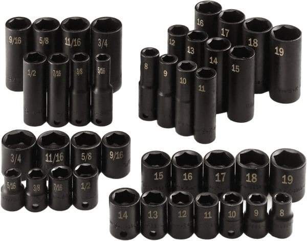 SK - 40 Piece 3/8" Drive Standard Socket Set - 6 Points, 5/16 to 3/4", 8 to 19mm, Inch/Metric Measurement Standard - Americas Industrial Supply