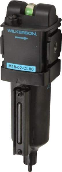 Wilkerson - 1/4" Port Coalescing Filter - Cast Aluminum Bowl, Manual Drain, 150 Max psi, 0.01 Micron Rating, 8.23" Long x 2.36" Wide x 8.23" High - Americas Industrial Supply