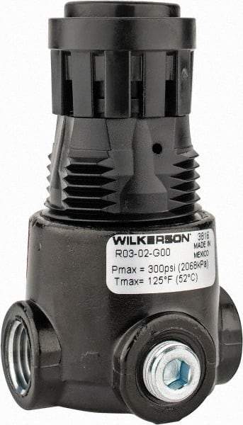 Wilkerson - 1/4 NPT Port, 15 CFM, Zinc Miniature Regulator - 2 to 125 psi Range, 300 Max psi Supply Pressure, 1/8" Gauge Port Thread, 1.65" Wide x 2.88" High - Americas Industrial Supply