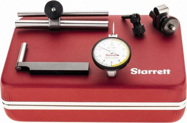 Starrett - 7 Piece, 0" to 0.01" Measuring Range, 1-3/8" Dial Diam, 0-5-0 Dial Reading, White Dial Test Indicator Kit - 13/16" Contact Point Length, 2mm Ball Diam, 0.0001" Dial Graduation - Americas Industrial Supply