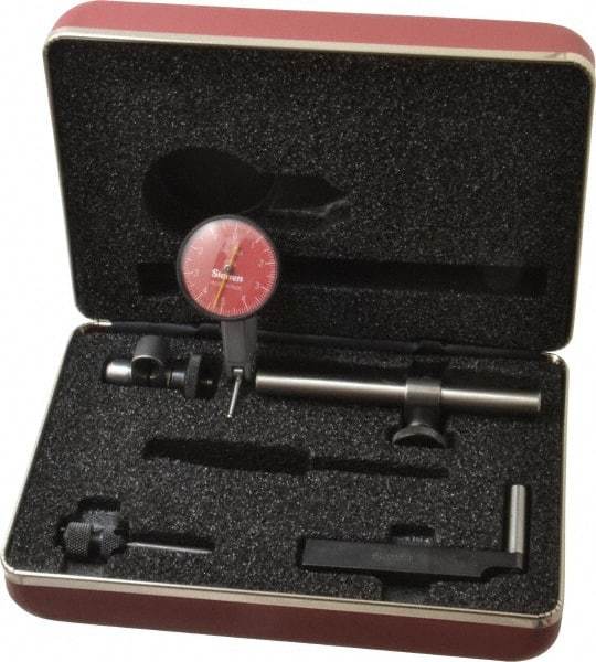 Starrett - 7 Piece, 0" to 0.01" Measuring Range, 1-3/8" Dial Diam, 0-5-0 Dial Reading, Red Dial Test Indicator Kit - 13/16" Contact Point Length, 2mm Ball Diam, 0.0001" Dial Graduation - Americas Industrial Supply