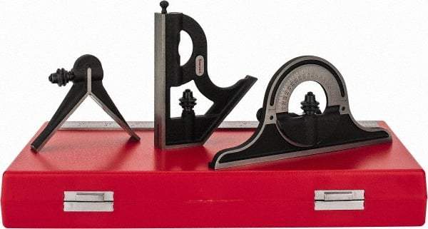 Starrett - 4 Piece, 12" Combination Square Set - 1/16, 1/32, 1/64 & 1/8" (4R) Graduation, Steel Blade, Cast Iron Center, Protractor & Square Head - Americas Industrial Supply
