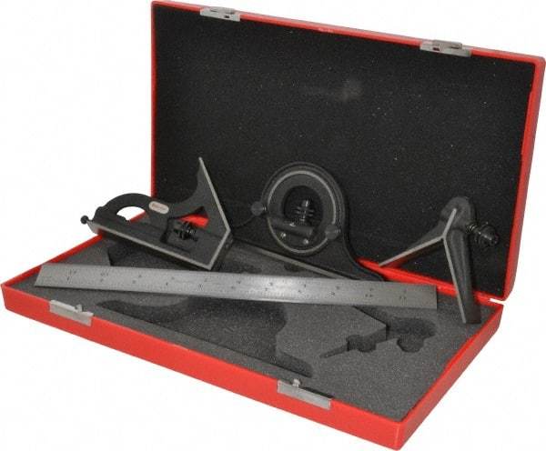 Starrett - 4 Piece, 12" Combination Square Set - 1/100, 1/32, 1/50 & 1/64" (16R) Graduation, Steel Blade, Cast Iron Center, Protractor & Square Head - Americas Industrial Supply