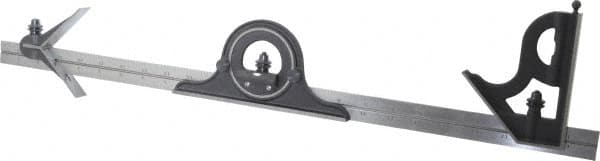 Starrett - 4 Piece, 24" Combination Square Set - 1/16, 1/32, 1/64 & 1/8" (4R) Graduation, Steel Blade, Cast Iron Center, Protractor & Square Head - Americas Industrial Supply