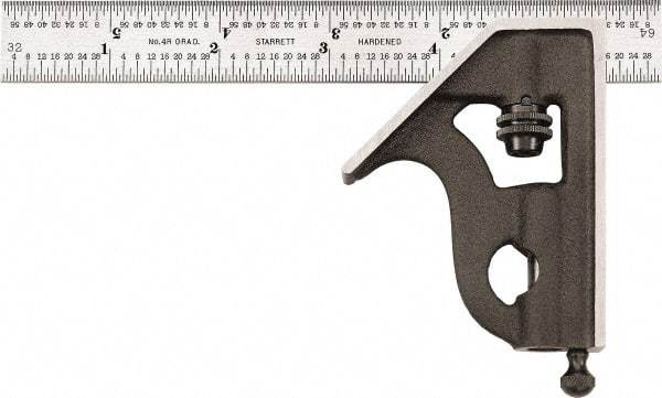 Starrett - 2 Piece, 6" Combination Square Set - 1/16, 1/32, 1/64 & 1/8" (4R) Graduation, Hardened Steel Blade, Cast Iron Square Head - Americas Industrial Supply