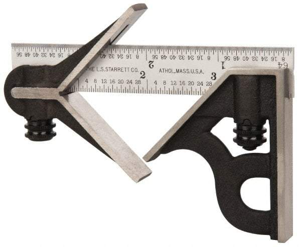 Starrett - 3 Piece, 4" Combination Square Set - 1/16, 1/32, 1/64 & 1/8" (4R) Graduation, Steel Blade, Cast Iron Center & Square Head - Americas Industrial Supply
