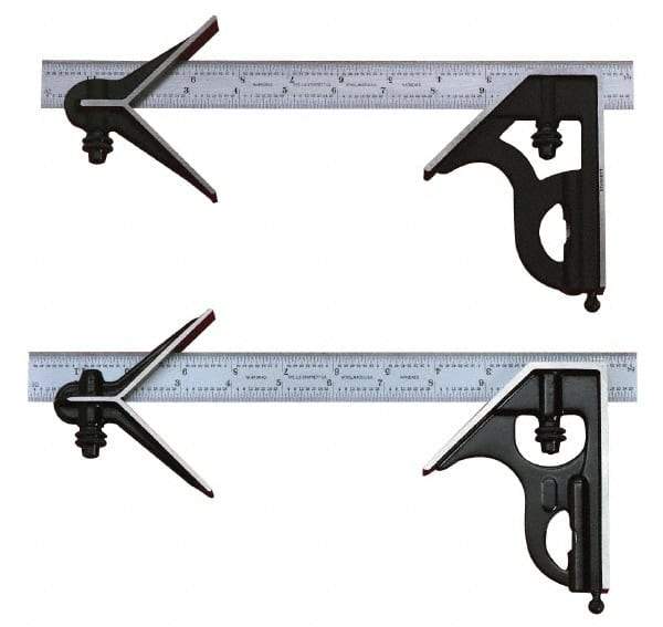 Starrett - 3 Piece, 24" Combination Square Set - 1/100, 1/32, 1/50 & 1/64" (16R) Graduation, Steel Blade, Cast Iron Center & Square Head - Americas Industrial Supply