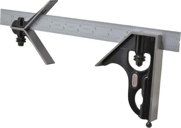 Starrett - 3 Piece, 12" Combination Square Set - 1/16, 1/32, 1/64 & 1/8" (4R) Graduation, Steel Blade, Forged Steel Center & Square Head - Americas Industrial Supply