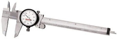 Starrett - 0mm to 225mm Range, 0.02 mm Graduation, 2mm per Revolution, Dial Caliper - Yellow Face, 1-1/2" Jaw Length, Accurate to 0.03mm/4mm - Americas Industrial Supply