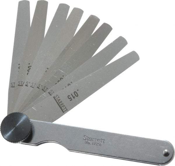 Starrett - 9 Piece, 0.0015 to 0.015" Thick, Tapered Feeler Gage Set - 3-1/32" Leaf Length, 1/4 to 1/2" (Tapered) Wide, Tempered Steel - Americas Industrial Supply