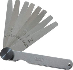 Starrett - 9 Piece, 0.0015 to 0.015" Thick, Tapered Feeler Gage Set - 3-1/32" Leaf Length, 1/4 to 1/2" (Tapered) Wide, Tempered Steel - Americas Industrial Supply