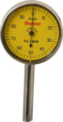 Starrett - 5 mm Range, 0.02 mm Dial Graduation, Horizontal Dial Test Indicator - 1-7/16 Inch Yellow Dial, 0-100 Dial Reading - Americas Industrial Supply