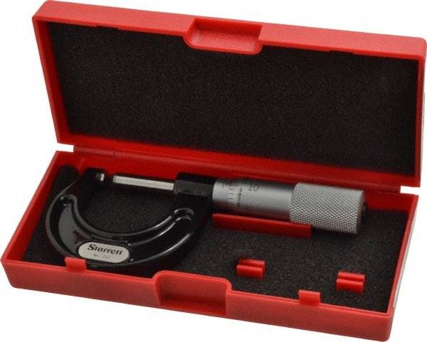 Starrett - Mechanical, 0 to 1 Inch Measurement, Satin Chrome Finish Carbide Face Ball Anvil Micrometer - 0.001 Inch Graduation, Plain Thimble - Americas Industrial Supply