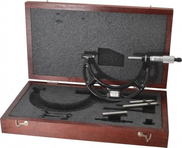 Starrett - 0 to 4" Range, 3 Piece Mechanical Outside Micrometer Set - 0.001" Graduation, Ratchet Stop Thimble, Steel Face - Americas Industrial Supply
